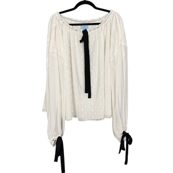 CeCe Ivory Embroidered Boho Peasant Blouse, Eyelet Lace, Bow Detail, Lightweight - Picture 1 of 6